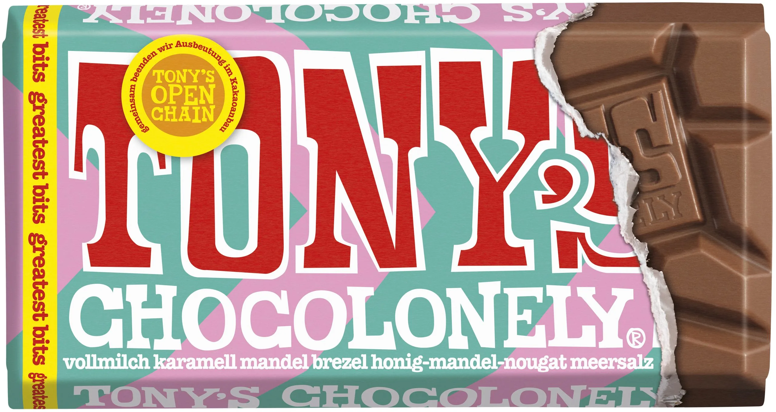 Tonys Chocolonely Pilnpiena šokolāde ar karameli, kliņģeri, mandelēm, medus-mandeļu-nugu, jūras sāli 90g Nīderlande - Image 1